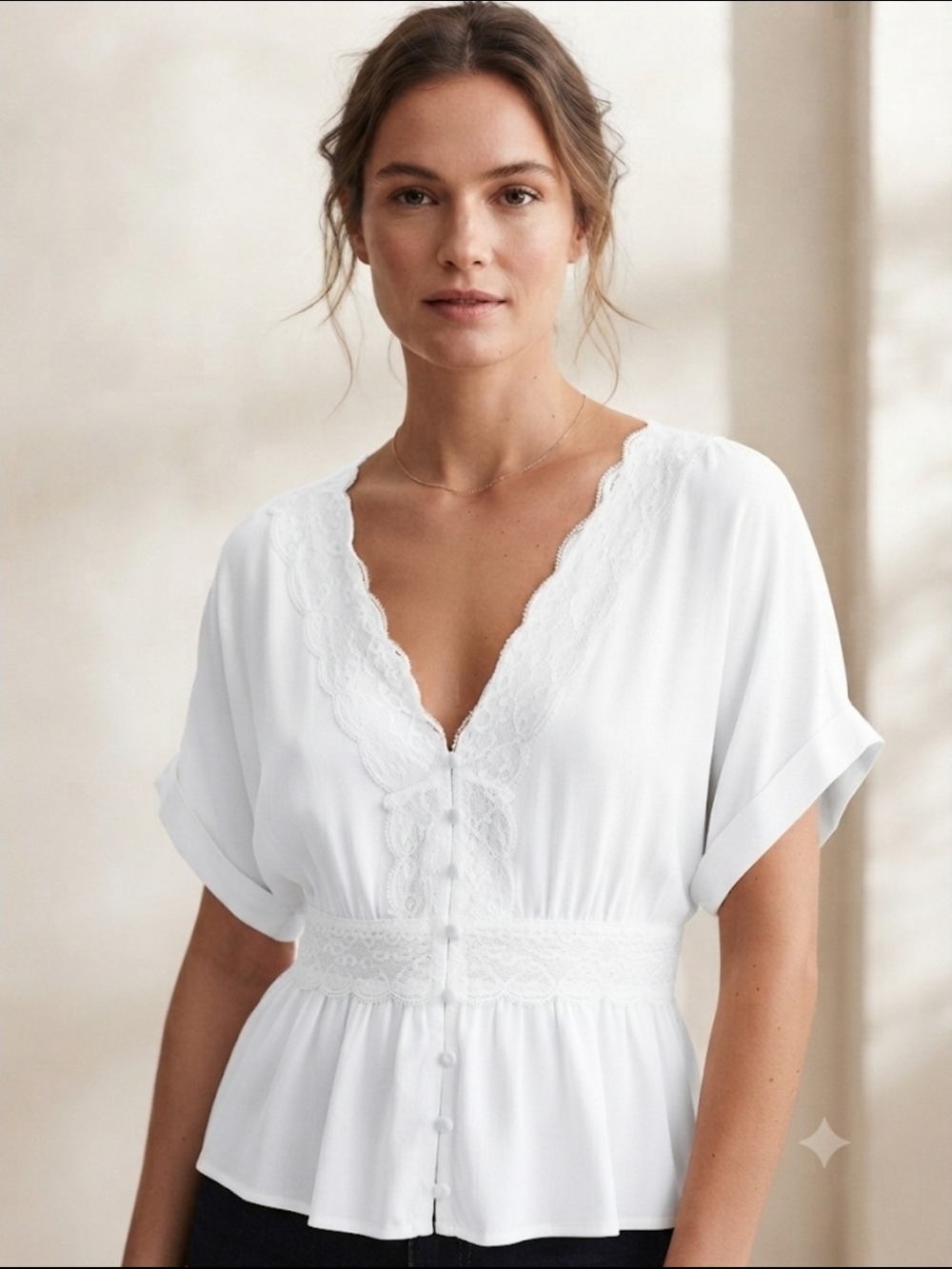 Women's White Lace-Trim V-Neck Blouse Cool & Light